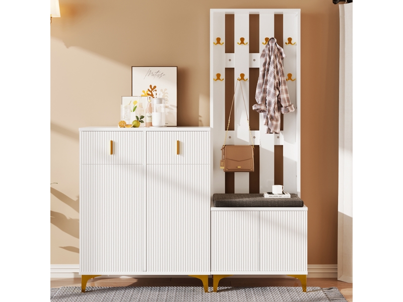 Vestiaire 60,5x35,2x180,5cm+83x35x101cm avec 2 tiroirs, 3 portes, crochets à vêtements, aggloméré, couleur blanc - Conforama R