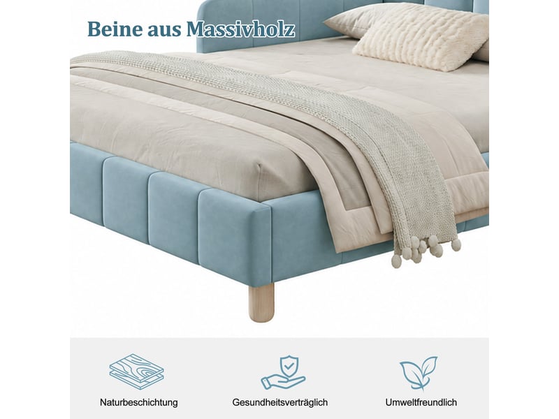 Lit enfant bleu 140x200 cm en velours, pieds en bois massif, protections latérales modulables, tête rembourrée et sommier  - Conforama E