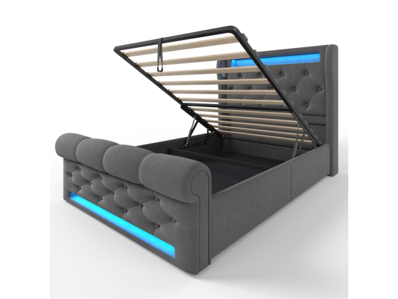  Lit simple 90x200 cm, lit enfant avec éclairage led, tête de lit et ports usb et type-c, sans matelas, velours, gris  - Conforama E