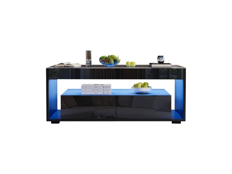Table basse led noire, table de salon avec 2 tiroirs et double niveau, 100x50x40 cm, verre trempé, noir - Conforama R