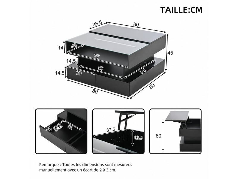  Table basse carrée relevable avec led, rangements et 2 tiroirs – noir – 80 x 80 x 45 cm  - Conforama D