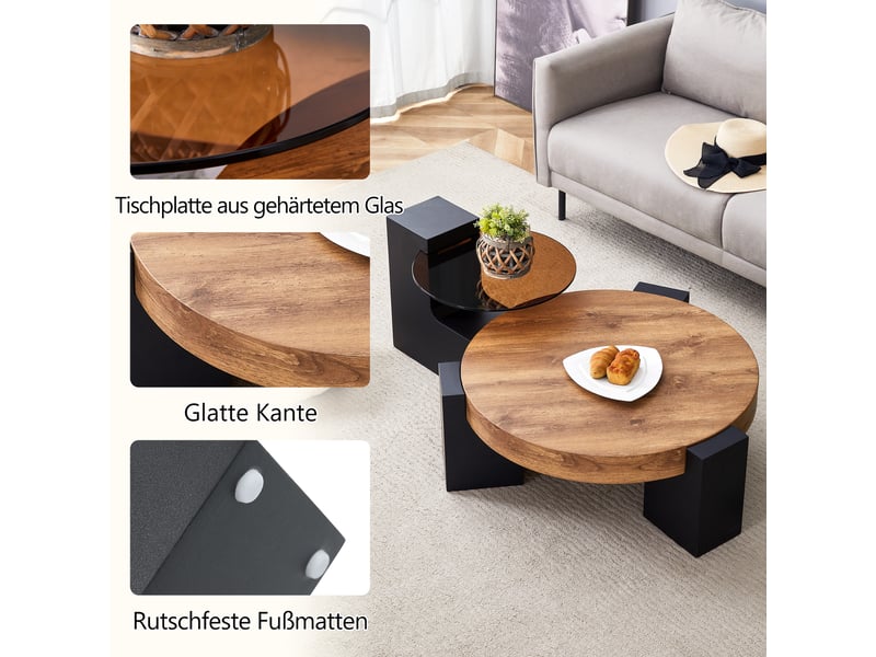  Table basse rond 61×61×30 cm, mdf et verre, noir et bois Fay Lum - Conforama D