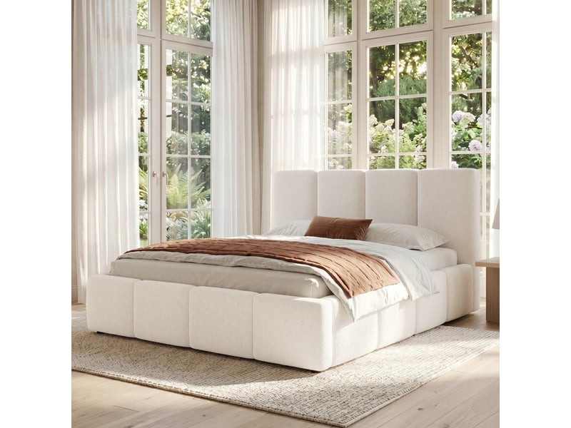  Lit plateforme 160x200 cm beige, tissu bouclé, tête de lit rembourrée 11 cm, sommier à lattes inclus, structure anti-glissement  - Conforama B