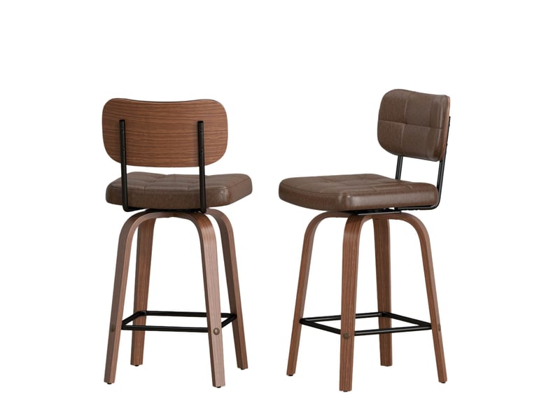  Tabouret de bar pivotant avec dossier ergonomique et design scandinave, en cuir pu et bois, marron noyer  - Conforama A