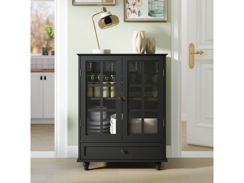 Buffet noir minimaliste avec doubles portes vitrées et tiroir, armoire de rangement en bois moderne pour salon, salle à manger, entrée et hall - Conforama E