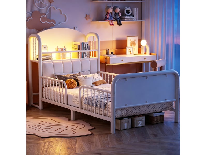  Lit simple enfant 90x200 cm blanc avec barrières, rangement en tête de lit et led  - Conforama B