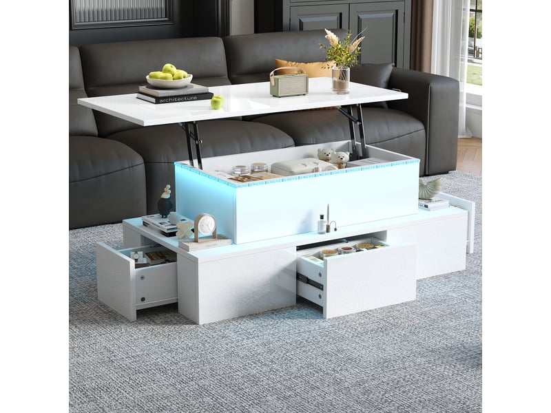  Table basse relevable 100x50x40 cm, table de salon blanche avec éclairage led, 4 tiroirs et espace caché  - Conforama D