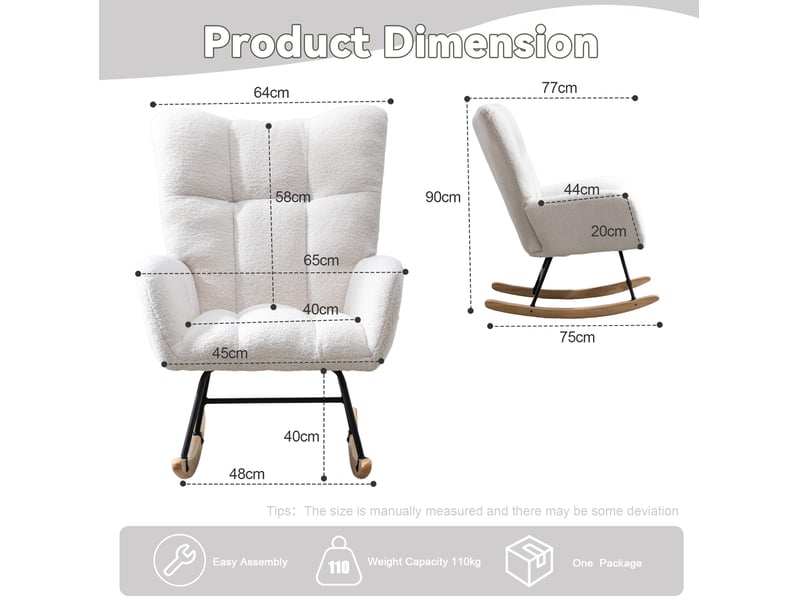  Fauteuil à bascule modenvie en tissu teddy blanc avec poche 77 x 64 x 90 cm  - Conforama C