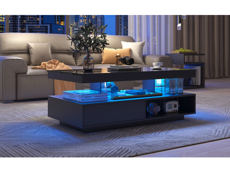 Table basse noir brillant 95×50×42,5 cm avec plateau verre, 2 tiroirs et niches – design moderne - Conforama B