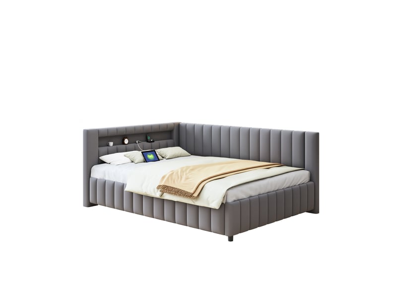  Lit double confortable 140x200 cm gris en velours, éclairage led, usb et cadre robuste  - Conforama A