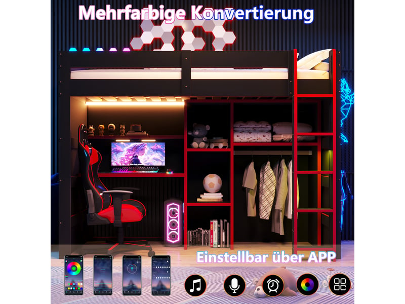  Lit mezzanine gaming en bois 90x200 cm, bureau, armoire, rangements, éclairage led, noir + rouge  - Conforama D