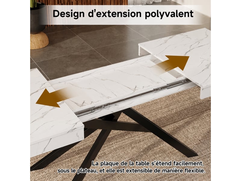  Table à manger extensible blanche, pieds métal, 6 à 8 personnes, 140–180 x 80 cm  - Conforama E