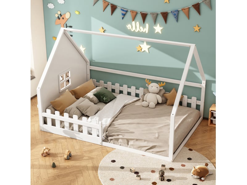 Lit enfant cabane 140 x 200 cm avec barrières, bois et sommier à lattes blanc  - Conforama B