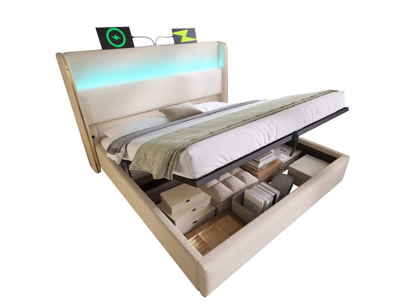 Lit coffre 180 × 200 cm 2 places avec led réglable, usb et type-c, rangement hydraulique, avec matelas, beige  - Conforama A