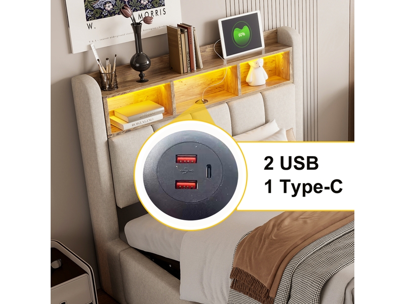  Lit capitonné enfant 90 x 200 cm beige en lin, led, usb et type-c, coffre hydraulique, sans matelas  - Conforama C