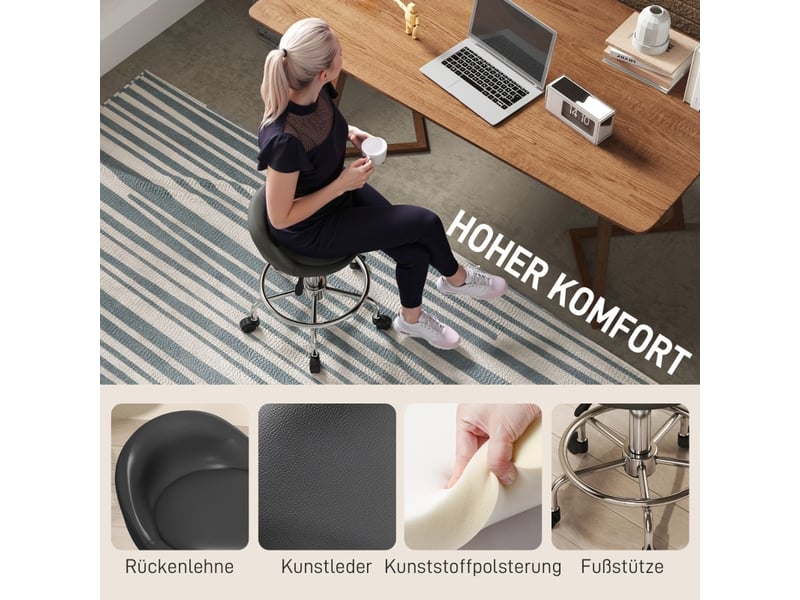  Tabouret de bureau à roulettes,59-75 cm,avec dossier,cuir reconstitué,noir  - Conforama D
