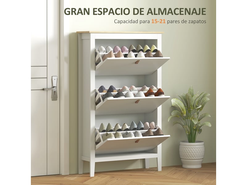 Étagère à chaussures étroite à 3 compartiments avec poignées en similicuir pour couloirs et entrées, 80 x 24 x 131 cm, blanc et bois - Conforama E