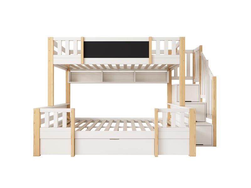 Lit superposé enfant 90140x200cm- lit 3 couchages - tableau noir - escalier rangement - 2 tiroirs - étagères - blanc naturel - Conforama A