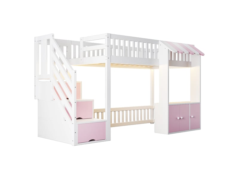  Lit mezzanine 90 × 200 cm led, escalier avec rangement en bois et mdf - rose et blanc C-CRAFTLINK - Conforama D