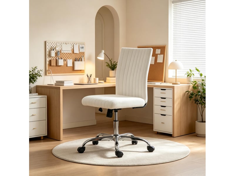  Chaise de bureau pivotante à 360 degrés sans accoudoirs réglable avec inclinaison, tissu crème, 43 × 56 × 89-99 cm  - Conforama C