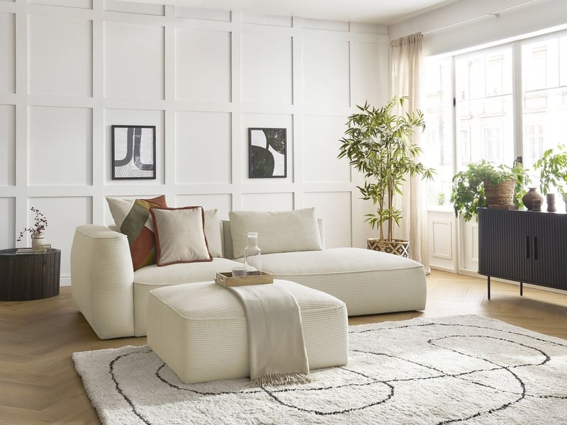 Bobochic canapé droit fixe 3 places leopold velours côtelé avec pouf beige accoudoir gauche LEOPOLD - Conforama B