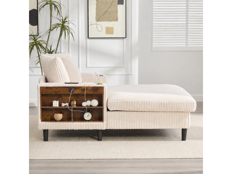  Chaise longue beige en velours côtelé avec led, rangement et usb, 1 place  - Conforama D