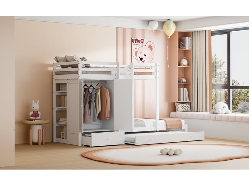  Lit superposé en bois massif 90x200 cm avec lit gigogne, lit enfant avec armoire, tiroirs et compartiment de rangement, blanc  - Conforama W