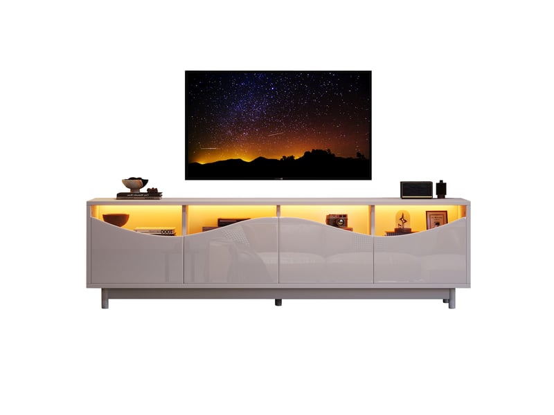  Meuble tv blanc laqué 175 cm avec led bluetooth, design incurvé et portes en verre trempé, pour écran jusqu'à 70 pouces  - Conforama A