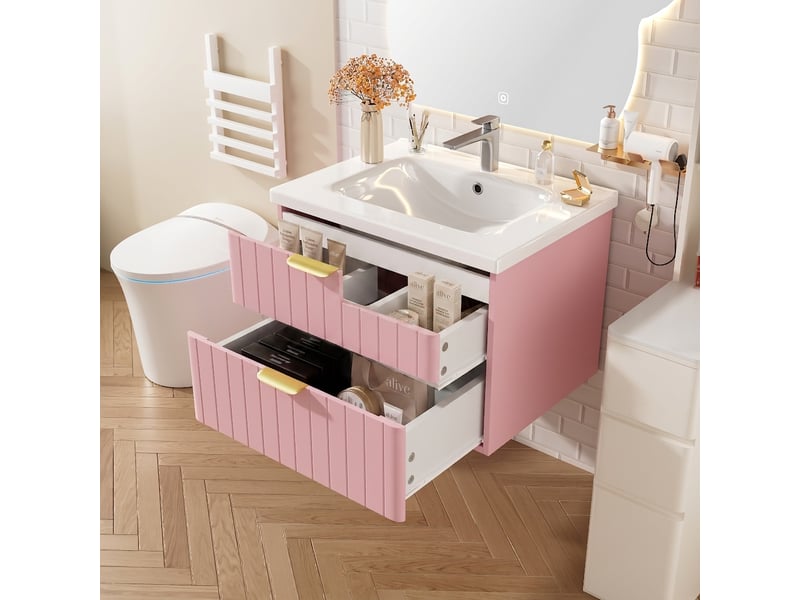  Meuble vasque suspendu rose et blanc 60,5 cm avec vasque en céramique et rangement 2 niveaux  - Conforama D
