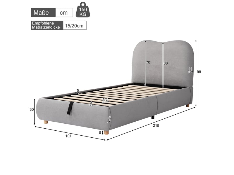  Lit enfant coffre 90x200 cm avec sommier à lattes en lin gris  - Conforama C