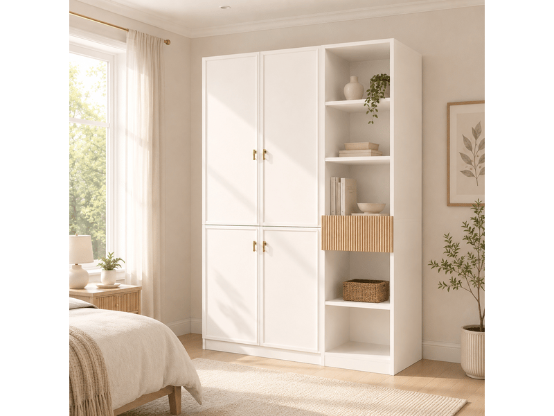  Armoire de chambre 135x50x200 cm, armoire penderie blanche et aspect bois avec 2 barres et 8 compartiments, pour chambre et salon.  - Conforama B