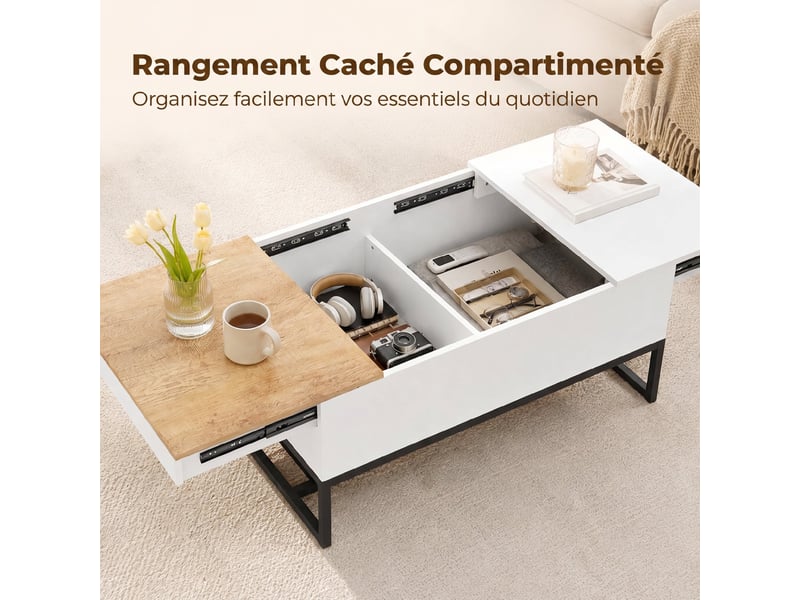  Table basse extensible avec plateau coulissant, blanc, table de salon avec rangement caché et pieds en acier  - Conforama E