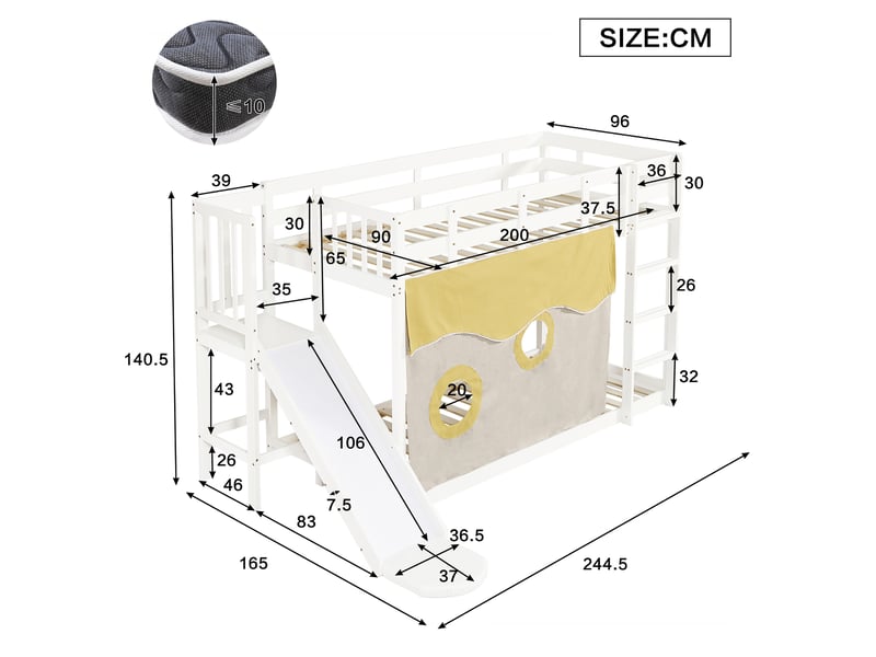 Lit mezzanine enfant 90×200 cm avec escalier, toboggan et rideaux - sans matelas, bois blanc - Conforama D