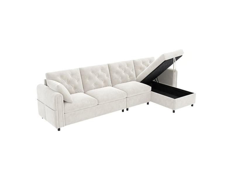  Canapé d'angle convertible en tissu beige, 4 places avec coffre de rangement - méridienne réversible &amp; accoudoirs avec poches pour salon moderne  - Conforama A