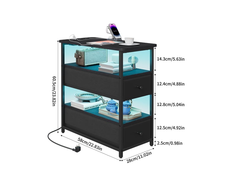 Table de chevet noire 4 niveaux – 2 tiroirs + led rgb, ports usbc & eu, 58×28×60,5 cm  - Conforama C
