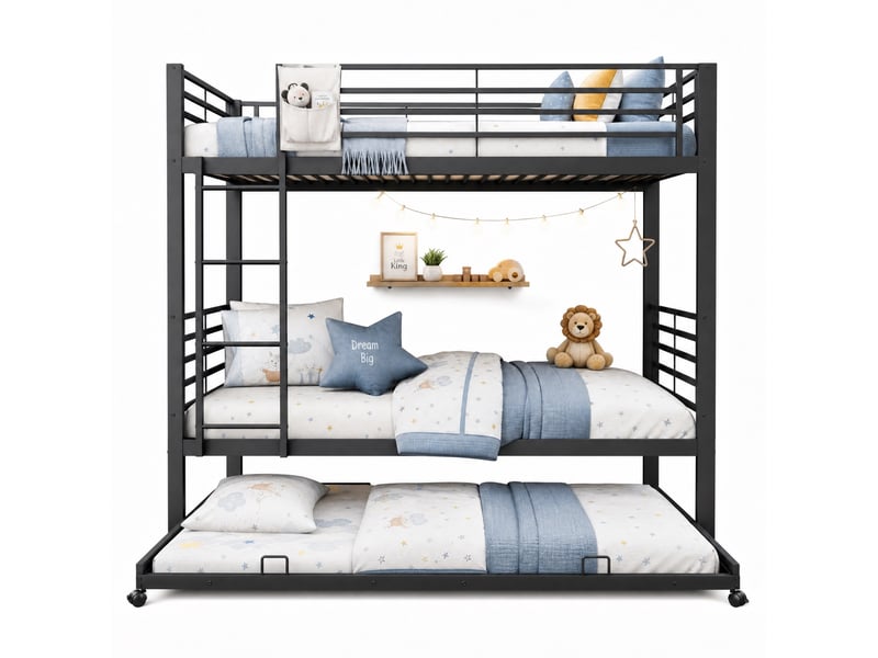 Lit superposé enfant 90x200 cm avec lit gigogne 90x190 cm en métal noir - Conforama A