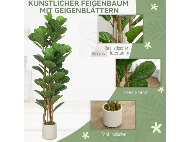  Plante artificielle ficus lyrata 50x50x150 cm – vert – 71 feuilles et tiges flexibles en pot blanc  - Conforama E
