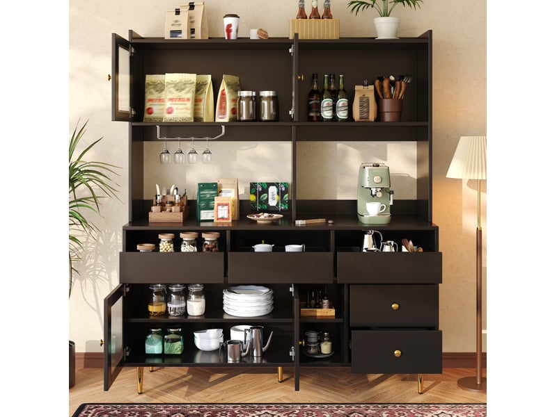  Buffet haut 145x39x171 cm, 5 tiroirs, portes en verre strié, rangement pour verres à vin, mdf, noir et doré  - Conforama D
