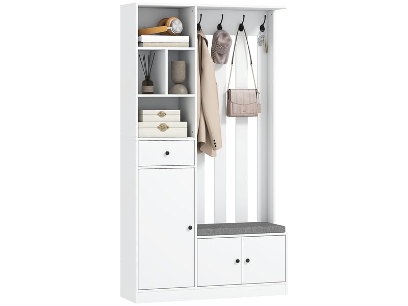 Armoire de 180 cm avec penderie, banc à chaussures, 4 crochets, étagères ouvertes, mdf, blanc  - Conforama A