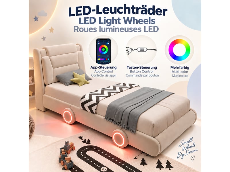  Lit voiture enfant 90x200 cm en velours avec tête de lit réglable, dossier rembourré style siège auto, roues led lumineuses - beige  - Conforama E