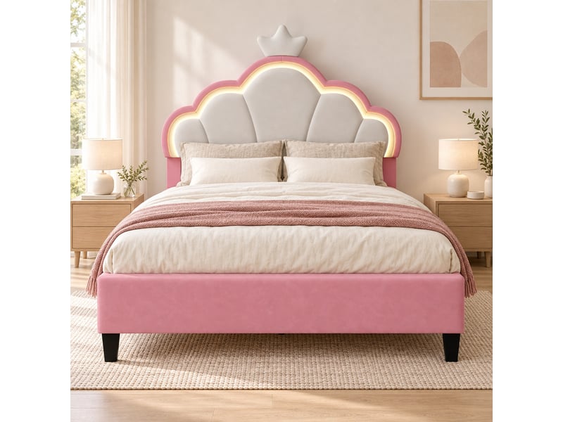 Lit enfant fille 140x200 cm en velours, lit rembourré double avec led, lit princesse avec tête de lit réglable, décoration couronne et sommier à lattes, design rembourré moderne, rose - Conforama W