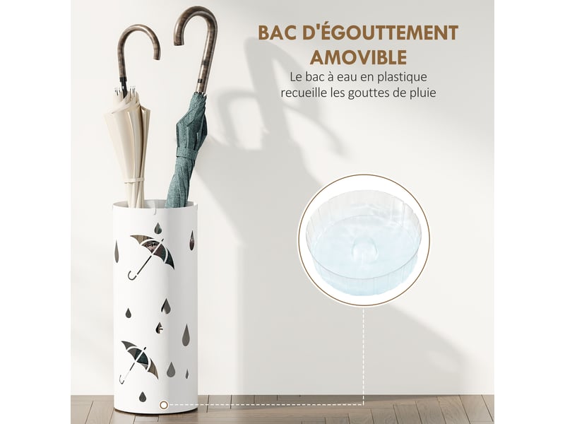  Porte parapluie cylindrique support pour parapluies bac d'égouttement amovible et 4 crochets, blanc,  17 x 41 cm  - Conforama E