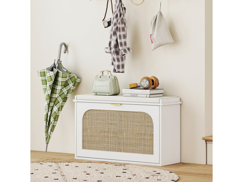  Banc à chaussures, banc de rangement, assise rembourrée, tiroir rabattable, porte en rotin, 80 x 26 x 47,5 cm, blanc  - Conforama D