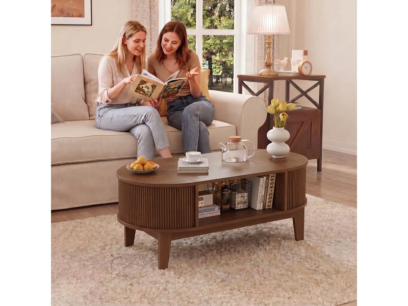Table basse ovale – noyer – rangement triple – couvercle relevable – design rétro – 100×50×40,5 cm - Conforama D