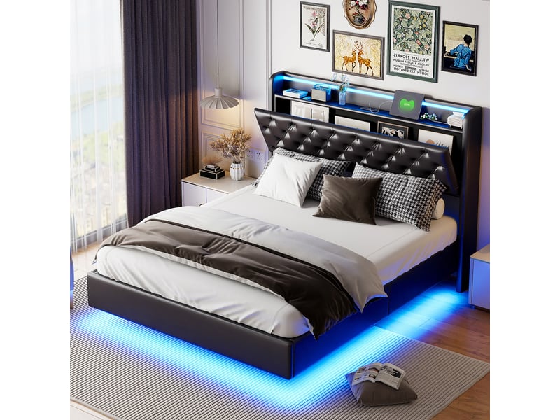  Lit double coffre - 140 x 200 cm - noir - similicuir pu, tête de lit de rangement avec led, prises et vérins hydrauliques  - Conforama C