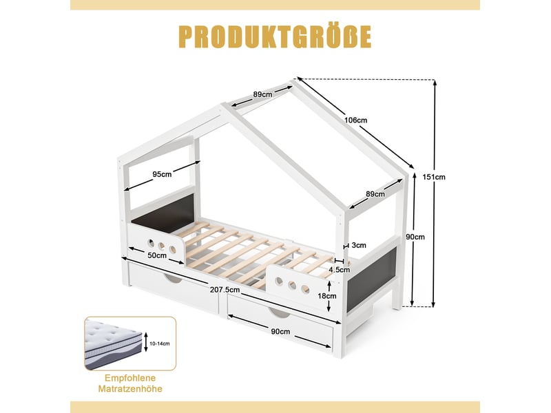  Lit cabane enfant 90x200 cm, sommier, bois coloris blanc, tableau noir, 2 tiroirs, toit design, sans matelas  - Conforama C