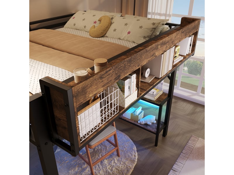  Lit mezzanine140x200cm - lit avec bureau d'angle - led usb type-c - escalier rangement - panneau perforé - marron vintage et noir  - Conforama D