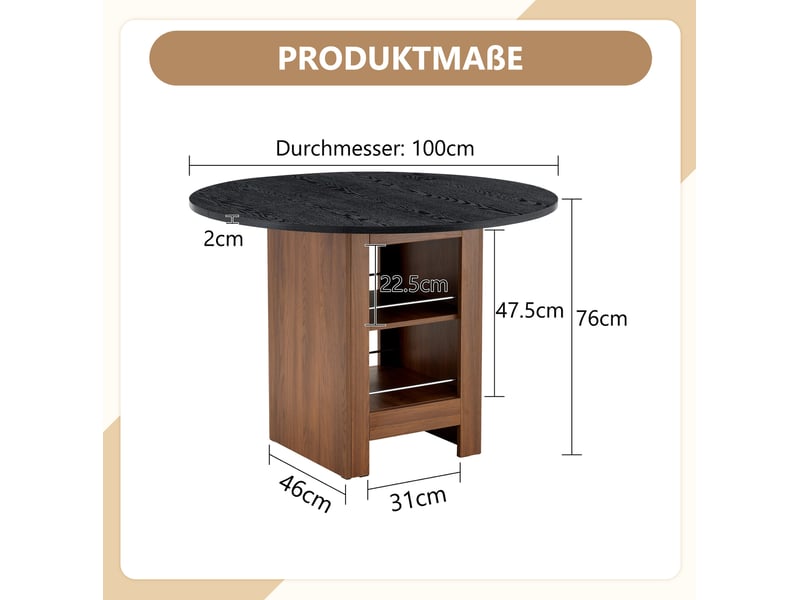  Table de salle à manger ronde, 100x100x76 cm, moderne avec espace, plateau mdf, piètement métal, coloris noir et noyer  - Conforama C