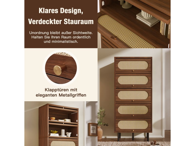 Armoire haute 5 abattants mdf et métal coloris noyer avec rotin 80 x 40 x 163 cm - Conforama D