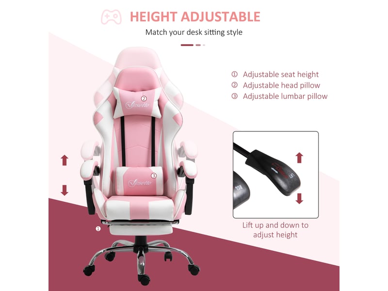 Chaise gaming ergonomique rose et blanche, réglable en hauteur, pivotante à 360°, avec appui-tête et coussin lombaire - Conforama D